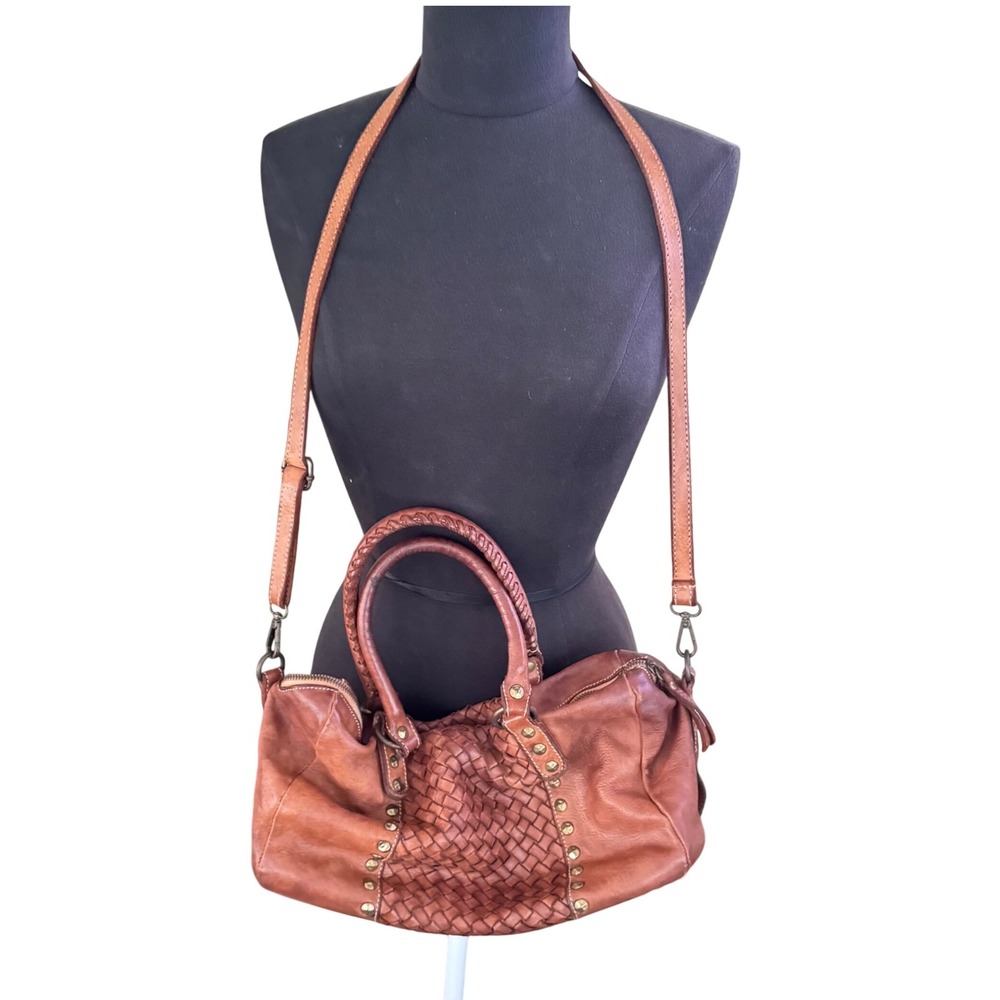 Costanza Rota Italy Lisa Leather‎ Satchel Woven Studded Crossbody 2 way
9x14x6"